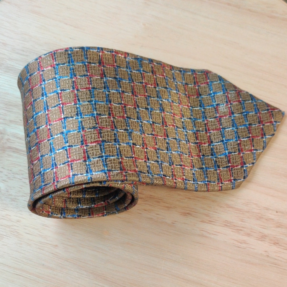 Jhane Barnes Original Fabric Gold Blue and Red Checkered Tie, Made In Japan